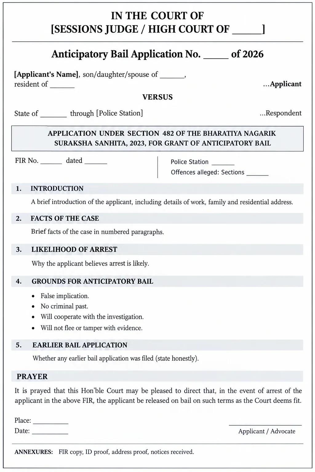 482 BNSS Bail Application Format